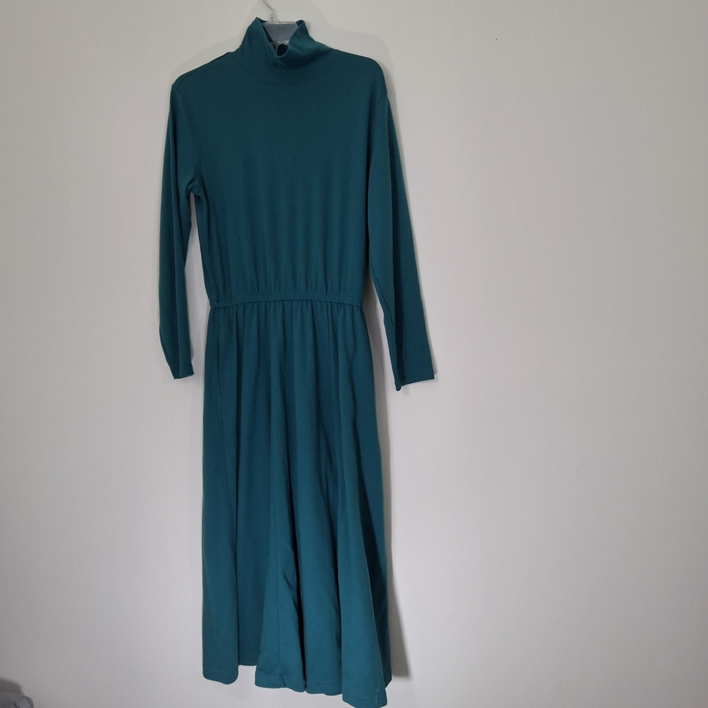 Lands' EndTeal Long-Sleeve Turtleneck Midi Dress with Gathered Waist and Pockets